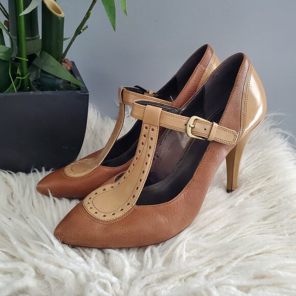 Circa Joan & David Brown Retro T-Strap Pointy Toe Heels Pumps Size 10M - Picture 3 of 14
